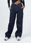 Front view of model wearing  front Princess Polly High Waisted  Paige Mid Rise Cargo Jean Dark Wash Denim