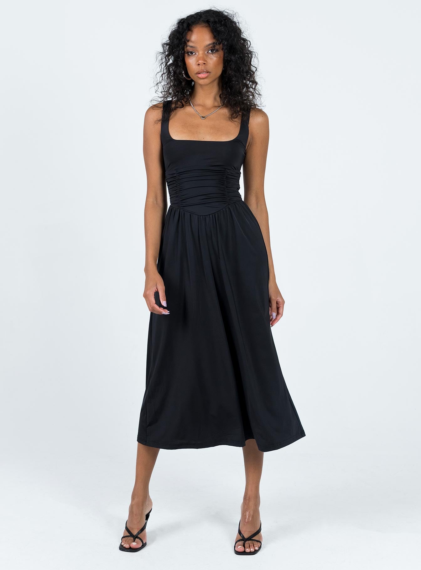 Square neck black midi hot sale dress