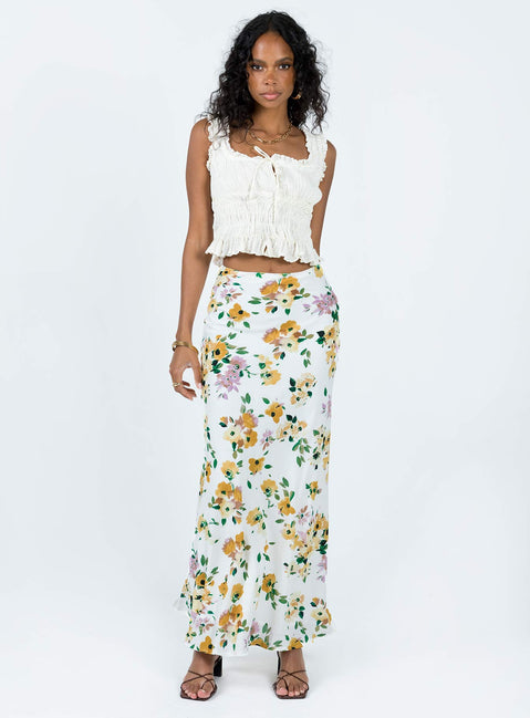 Front view of model wearing  front Thyme Maxi Skirt White Floral Princess Polly  Maxi 