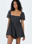 Romper Polka dot print Square neckline  Elasticated puff sleeves Shirred back panel Invisible zip fastening at back  Relaxed leg 