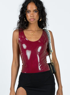 front view of model wearing Princess Polly Alderly Faux Leather Bodysuit Maroon Sleeveless Scoop Neck 