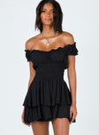 Black romper Can be worn on or off the shoulder Shirred waistband Ruffle detailing Elasticated neck & sleeves