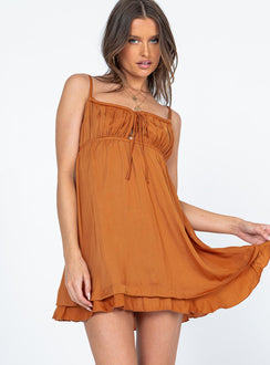 side view of model wearing Princess Polly Empress Of Love Mini Dress Rust 