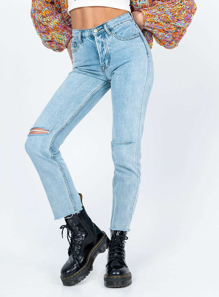 front view of model wearing Princess Polly Attica Knee Rip Denim Jeans Mid Rise 