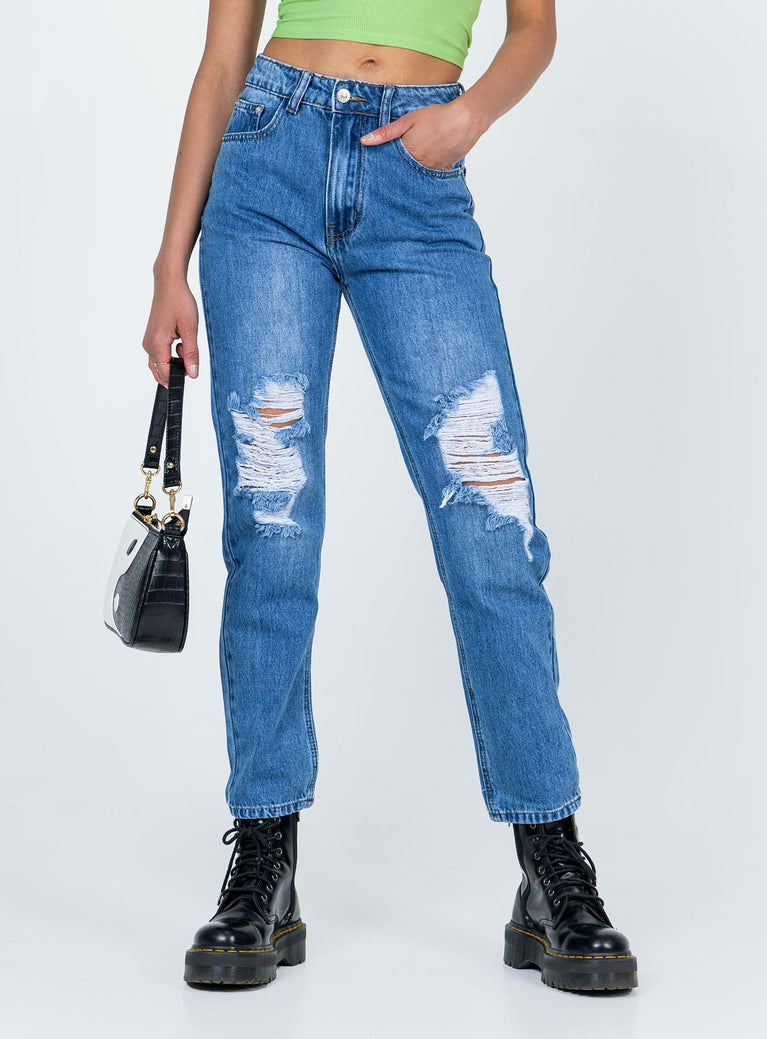 front view of model wearing Princess Polly Khaled Skinny Mid Wash Denim Jeans High Waisted 