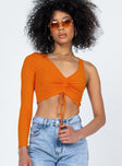 front view of model wearing Princess Polly Harlow Long Sleeve Top Orange 