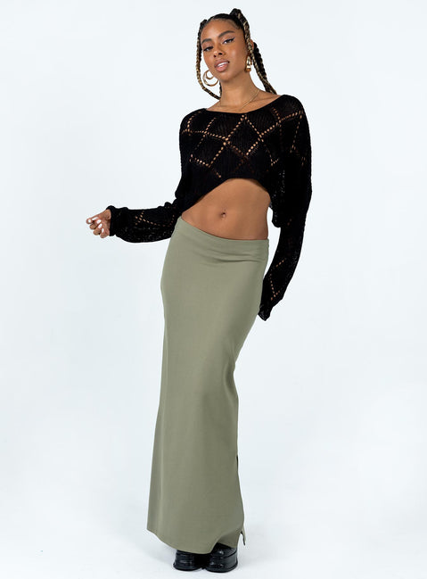 Front view of model wearing  front Karley Low Waist Maxi Skirt Green Princess Polly  Maxi 