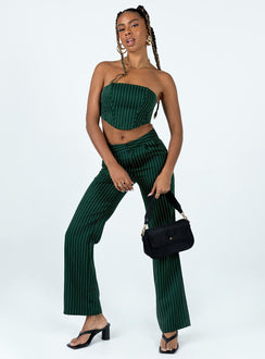 Matching set Pinstripe design Crop top Inner silicone strip Boning throughout Zip fastening at back Straight leg pants Clasp & zip fastening at front Twin hip pockets