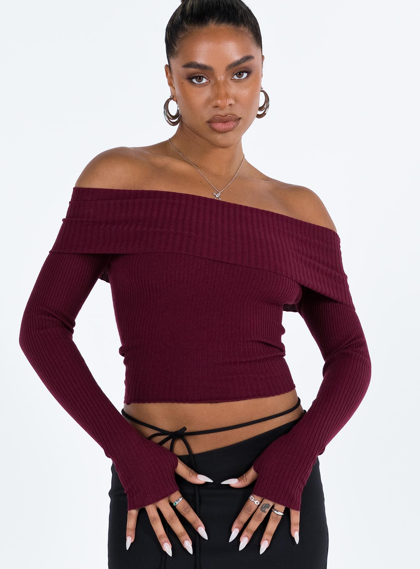product Morley Off Shoulder Sweater Burgundy Princess Polly  Cropped 