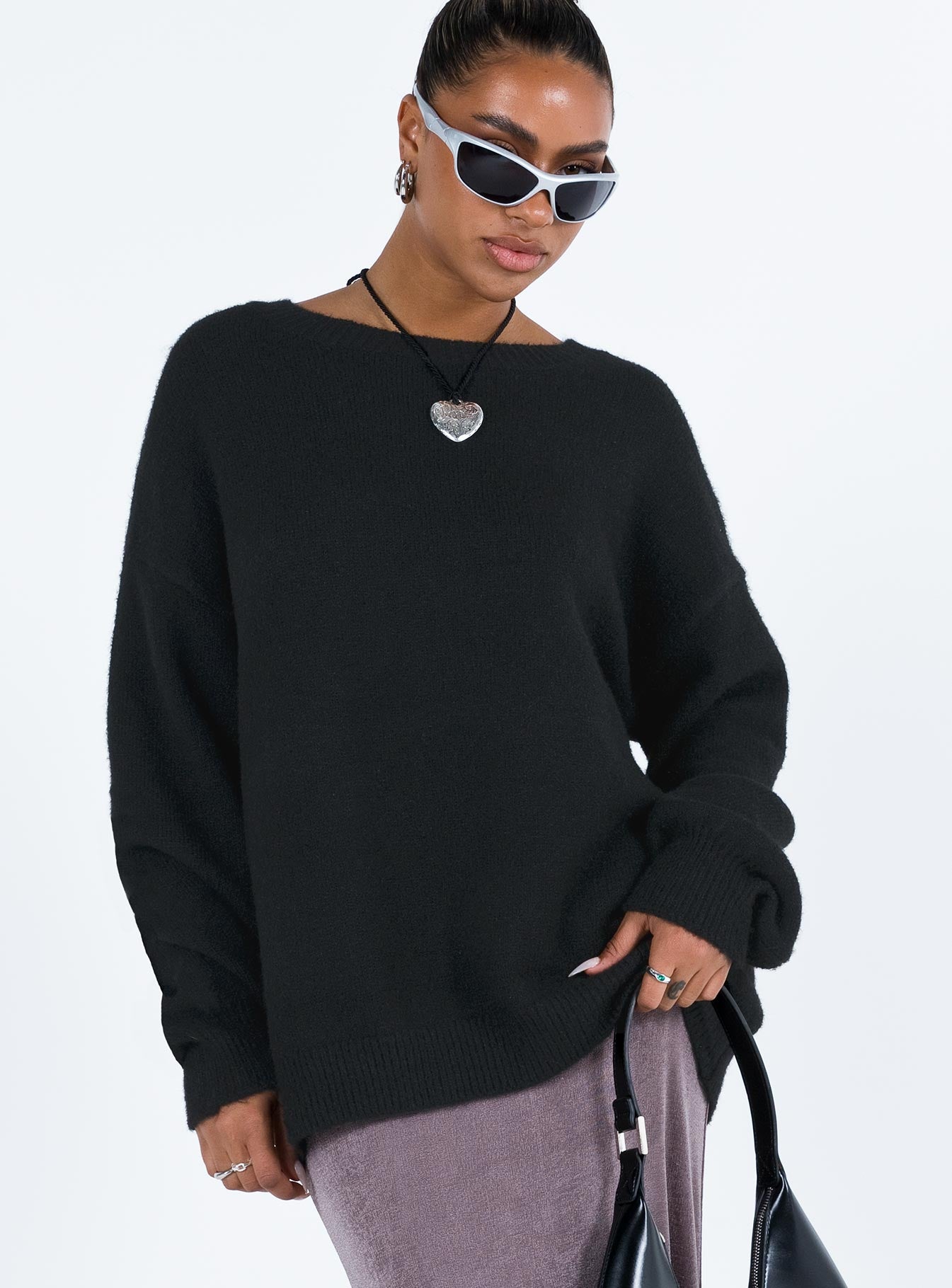 front view of model wearing Princess Polly Ryanna Sweater Black Long 