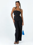 Strapless jumpsuit Pinstripe print Folded neckline Invisible zip fastening at back Boning through bust Elasticated back band Cut out sides Wide leg