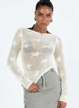 Long sleeve top Sheer knit material Star detail Adjustable cut out at back with tie fastening Good stretch Unlined 