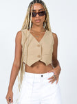 front view of model wearing Princess Polly Brenner Top Beige Sleeveless V-Neck 