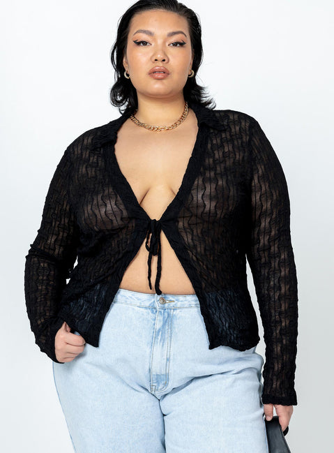 Front view of model wearing  front Princess Polly Full Sleeves Plunger  Marcos Long Sleeve Top Black Curve