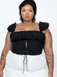 Front view of model wearing  front Princess Polly Full Sleeves Square Neck  Harry Top Black Curve