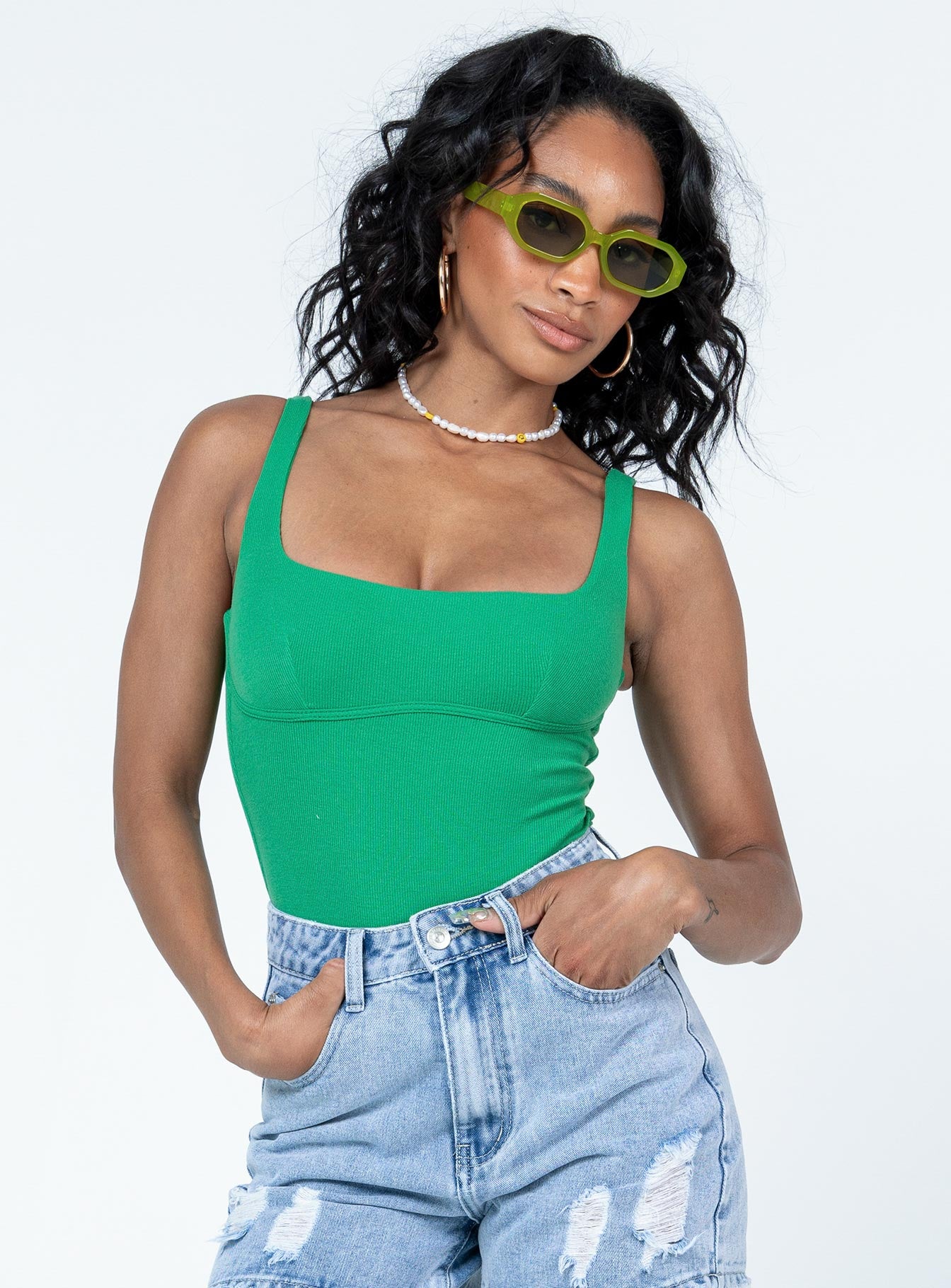 front view of model wearing Princess Polly Crosby Bodysuit Green Sleeveless 