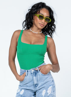 front view of model wearing Princess Polly Crosby Bodysuit Green Sleeveless 