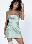 front view of model wearing Princess Polly Myah Mini Dress Green Cowl Neck 