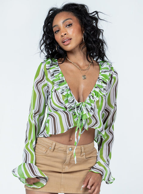 front view of model wearing Princess Polly Colby Long Sleeve Top Multi Full Sleeves Plunger 