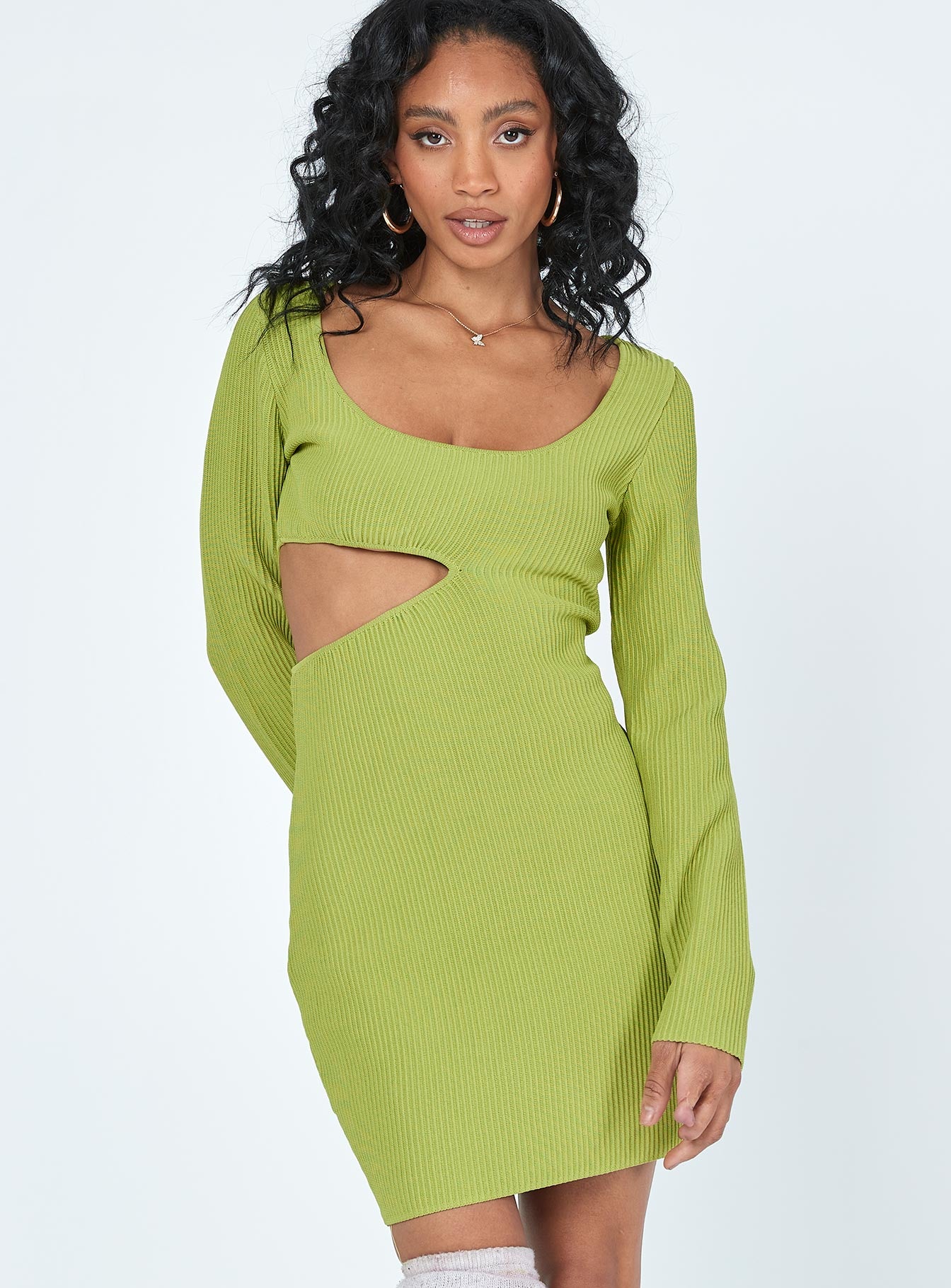 front view of model wearing Princess Polly Giana Long Sleeve Mini Dress Green 