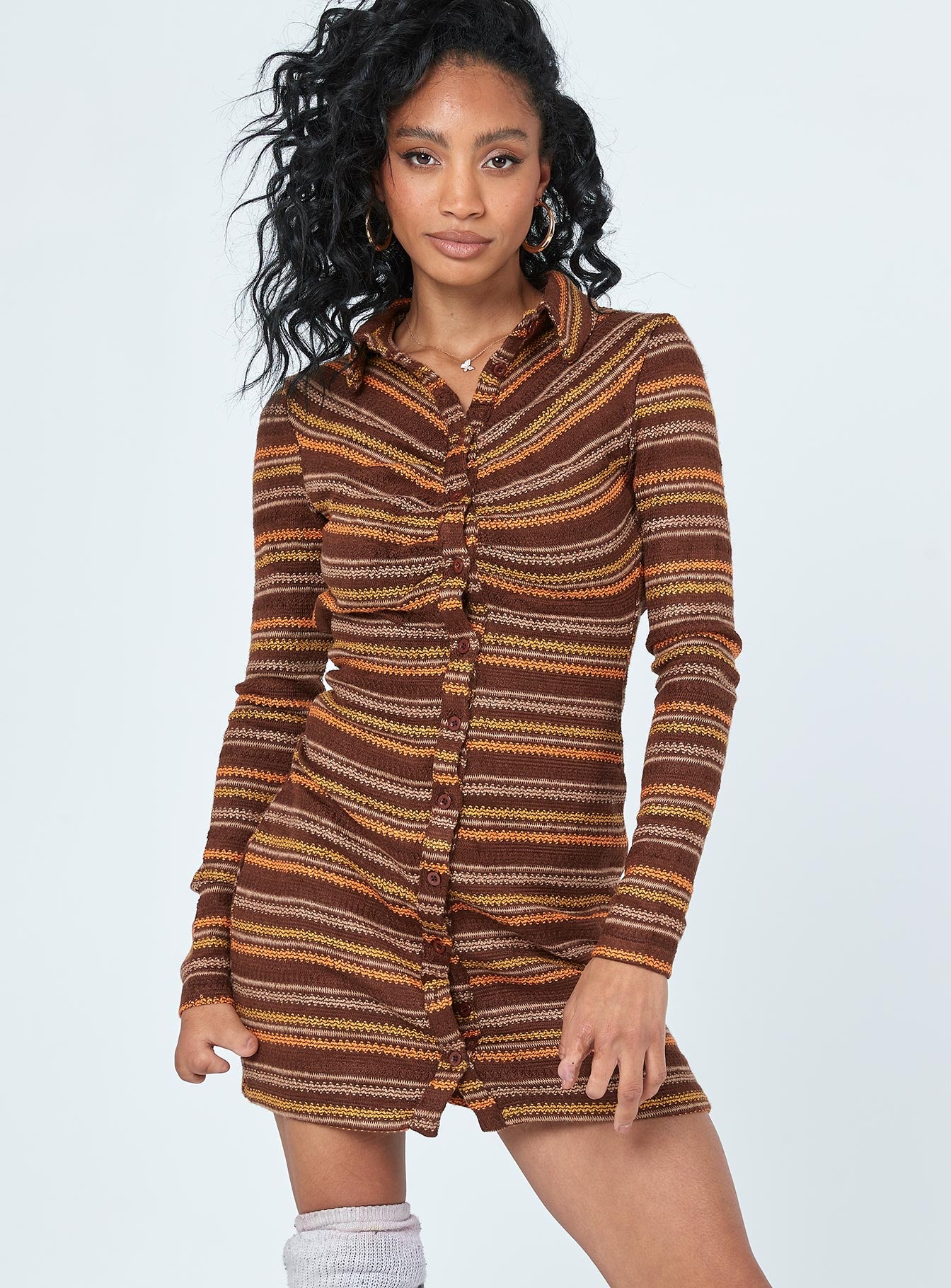 front view of model wearing Princess Polly Dalton Long Sleeve Mini Dress Brown Multi 