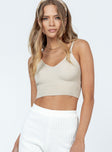 Front view of model wearing  front Princess Polly Sleeveless Crew Neck  Katarina Top Beige