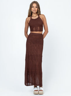 Matching set Crochet material  Halter neck top Exposed back High-waisted maxi skirt  Elasticated waistband 