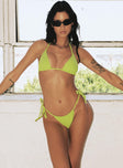 Green bikini bottoms Check print  Towelling material Tie side design  Adjustable coverage  Cheeky cut bottoms