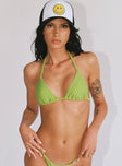 Green bikini top Triangle style  Adjustable coverage  Tie fastenings Elasticated straps Removable padding 