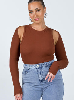front view of model wearing Princess Polly Bray Bolero Tank Bodysuit Brown Sleeveless Crew Neck 
