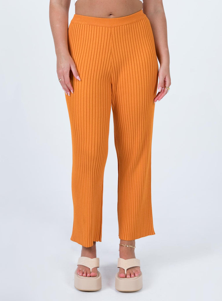 front view of model wearing Princess Polly Ginny Ribbed Knit Pants Orange 