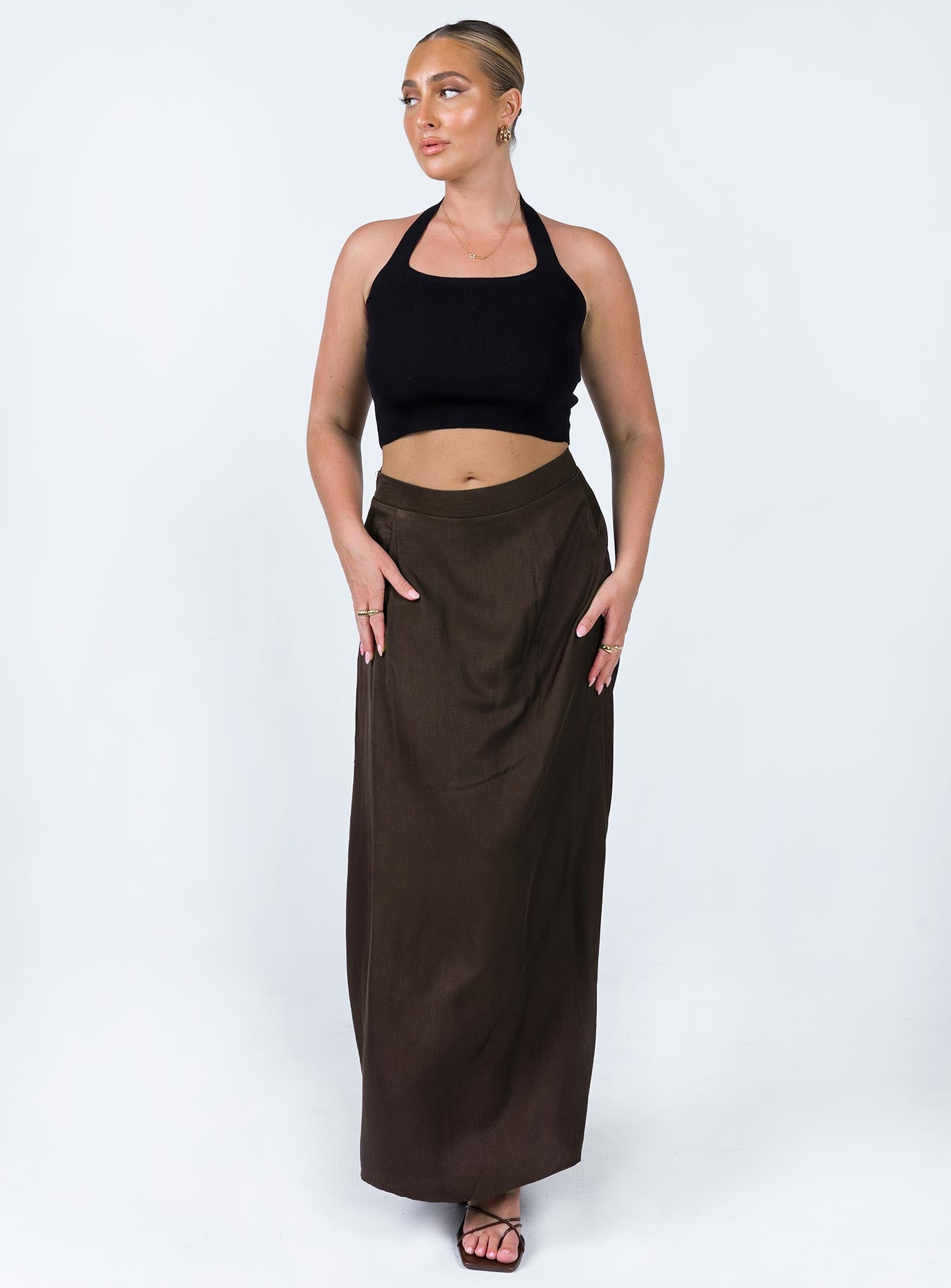   front view of model wearing Princess Polly Baldwin Maxi Skirt Brown 