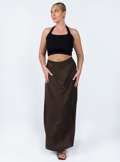   front view of model wearing Princess Polly Baldwin Maxi Skirt Brown 