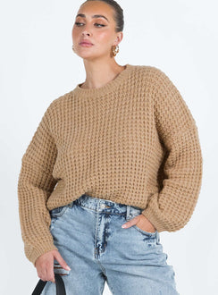 front view of model wearing Princess Polly Calvary Sweater Beige Long 