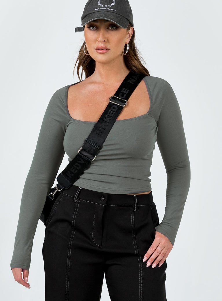 Front view of model wearing  front Princess Polly Full Sleeves Scoop Neck  Ribsi Long Sleeve Top Grey