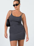 Front view of model wearing  front Princess Polly Asymmetric Neckline  Geary Mini Dress Grey