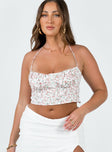 Bustier Floral print Halter neck tie Wired cups  Ruching at bust Invisible zip fastening at side Non-stretch