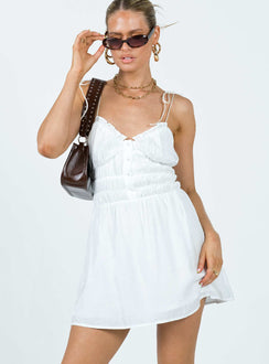 Front view of model wearing  front Princess Polly V-Neck  Briley Mini Dress White