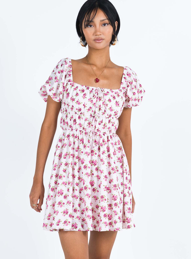 Front view of model wearing  front Princess Polly Square Neck  Kenny Mini Dress Pink Floral