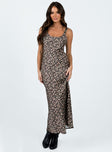 Front view of model wearing  front Princess Polly Crew Neck  Akila Maxi Dress Brown Floral