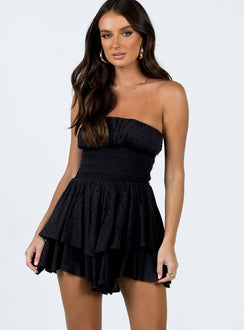 Strapless romper Soft textured material Shirred bust Ruffle detailing Layered ruffle hem
