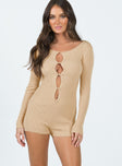 Long sleeve romper Ribbed material  Button front fastening   Cut out detail down front  Raw cut hem 