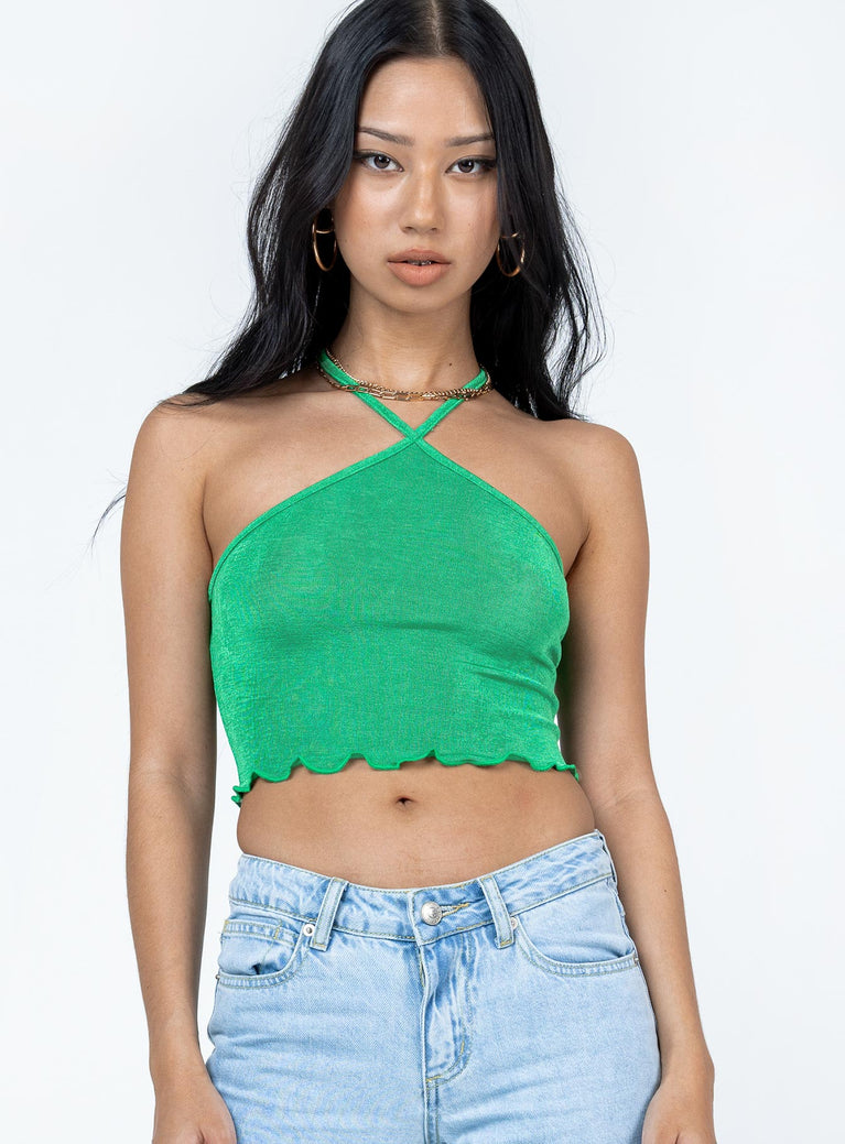 Front view of model wearing  front Princess Polly Sleeveless Square Neck  Sylvester Top Green