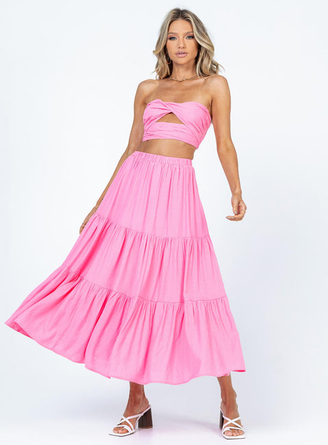 Matching set Crop top Removable shoulder straps  Inner silicone strip at bust  Twisted bust  Shirred back  Zip fastening  High waisted midi skirt  Elasticated waistband  Layered design 