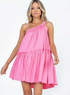 front view of model wearing Princess Polly Subi Mini Dress Pink Asymmetric Neckline 