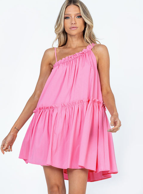front view of model wearing Princess Polly Subi Mini Dress Pink Asymmetric Neckline 
