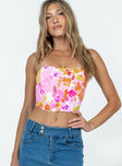 Strapless top Floral print Double pointed neckline Boning throughout Zip fastening at back