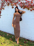 Front view of model wearing  front Princess Polly High Neck  Oscar Midi Dress Brown