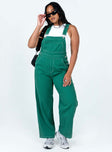 Green overalls Contrast stitching Adjustable shoulder straps  Large chest pocket  Four classic pockets  Button fastening at hips  Wide leg