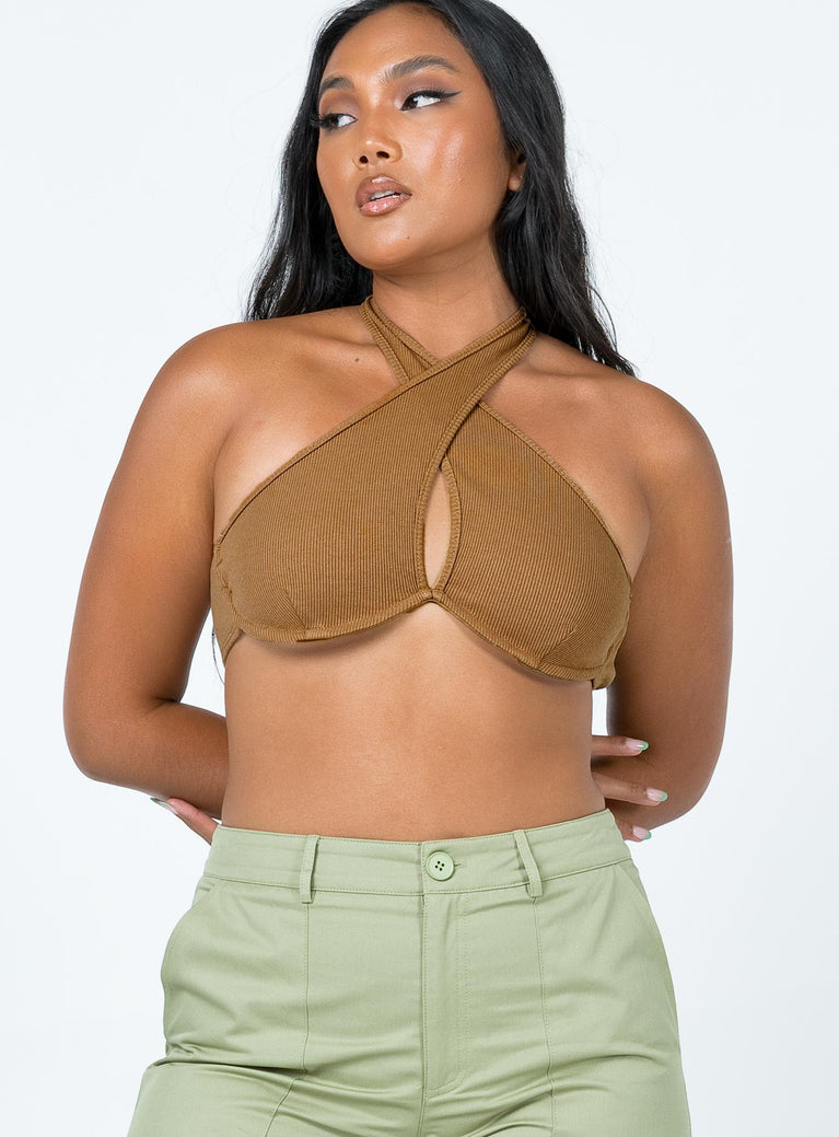 front view of model wearing Princess Polly Harlem Top Beige 